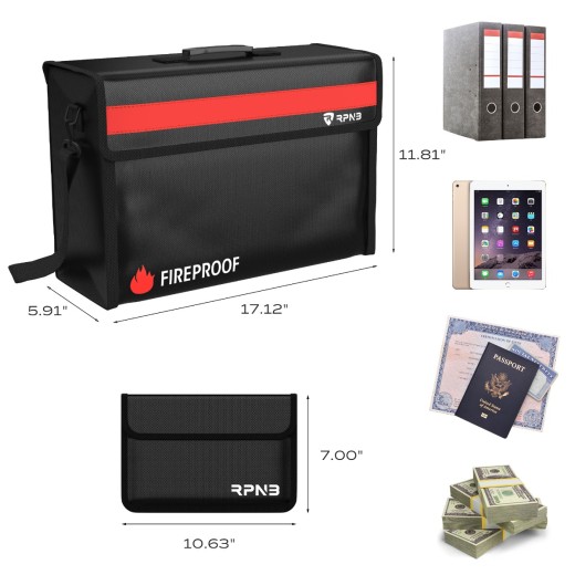 RPNB Large Fireproof Document Bag (2000F°), Non-Itchy Silicone Coated Fiberglass Fire and Water Safe Bag, 1 Free Money Bag