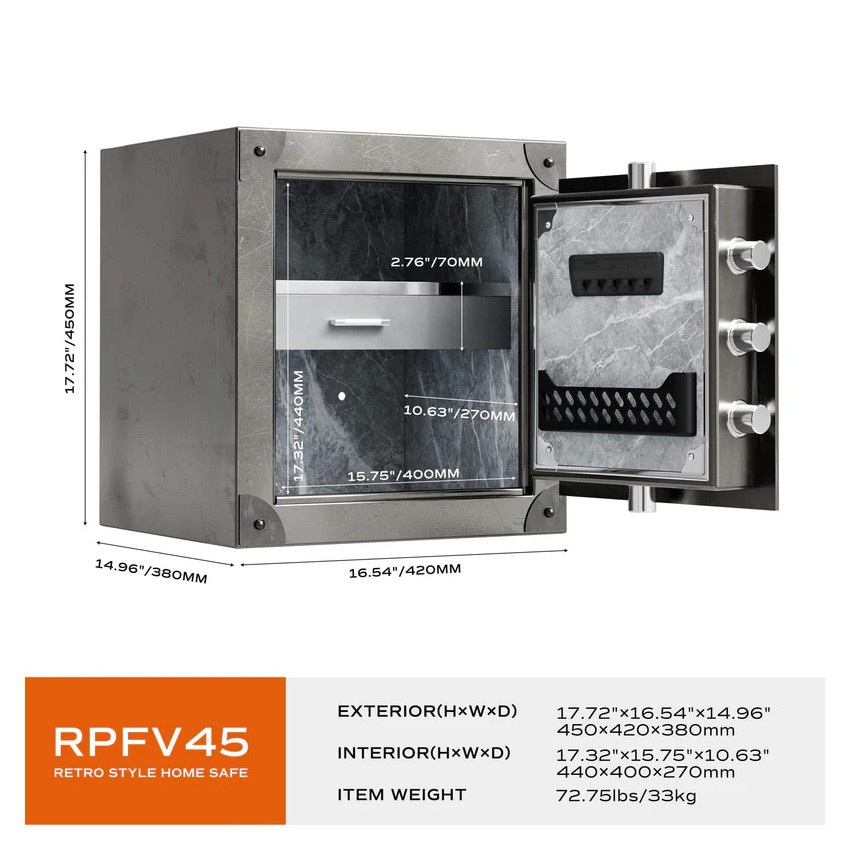 RPNB Large Home Fingerprint Retro Style Biometric Safe Box with Jewelry Drawer, 1.68 cuft-RPFV45